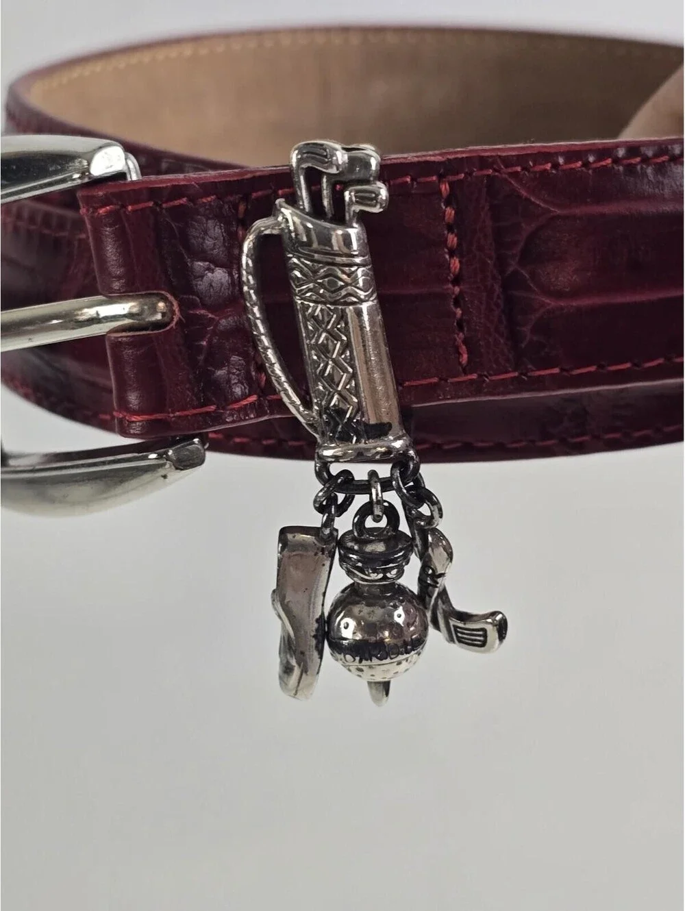 Brighton Red Reptile Embossed Belt Silver Buckle w/Golf Charms  L-34